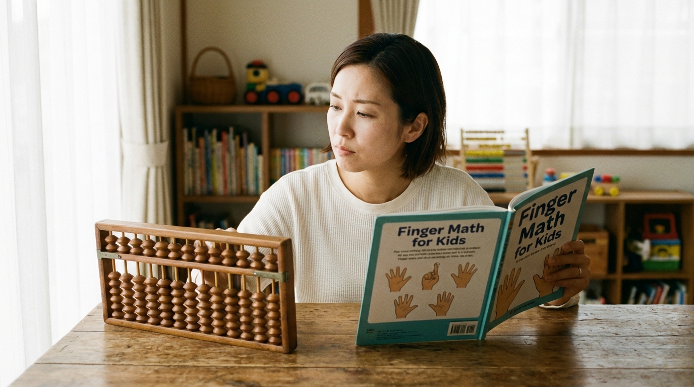 Hình ảnh so sánh phương pháp Finger Math sử dụng tay và Soroban sử dụng bàn tính.