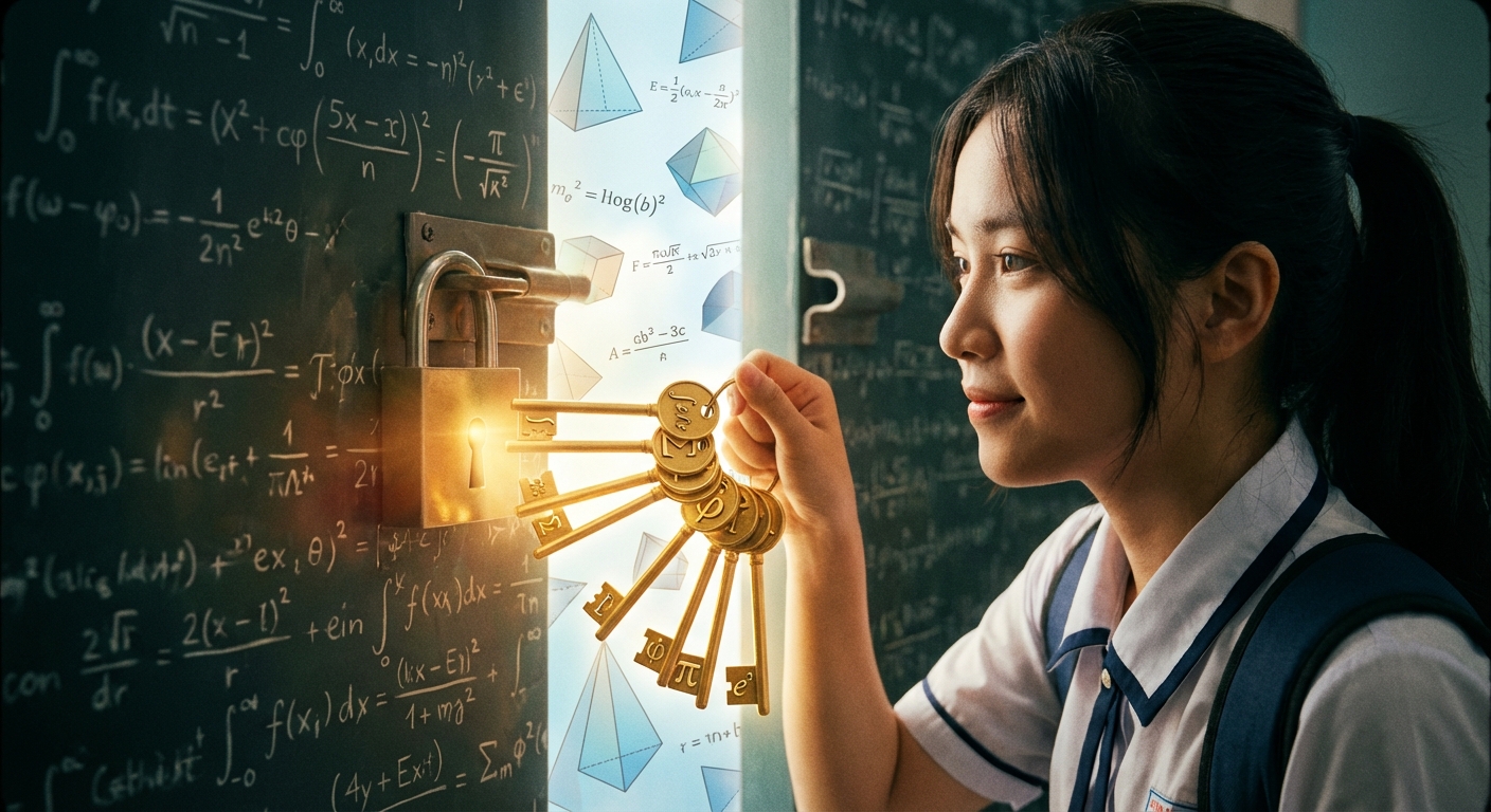 Sơ đồ 5 mảng kiến thức trong cấu trúc đề thi HKIMO bao gồm Tư duy logic, Số học, Lý thuyết số, Hình học và Tổ hợp.