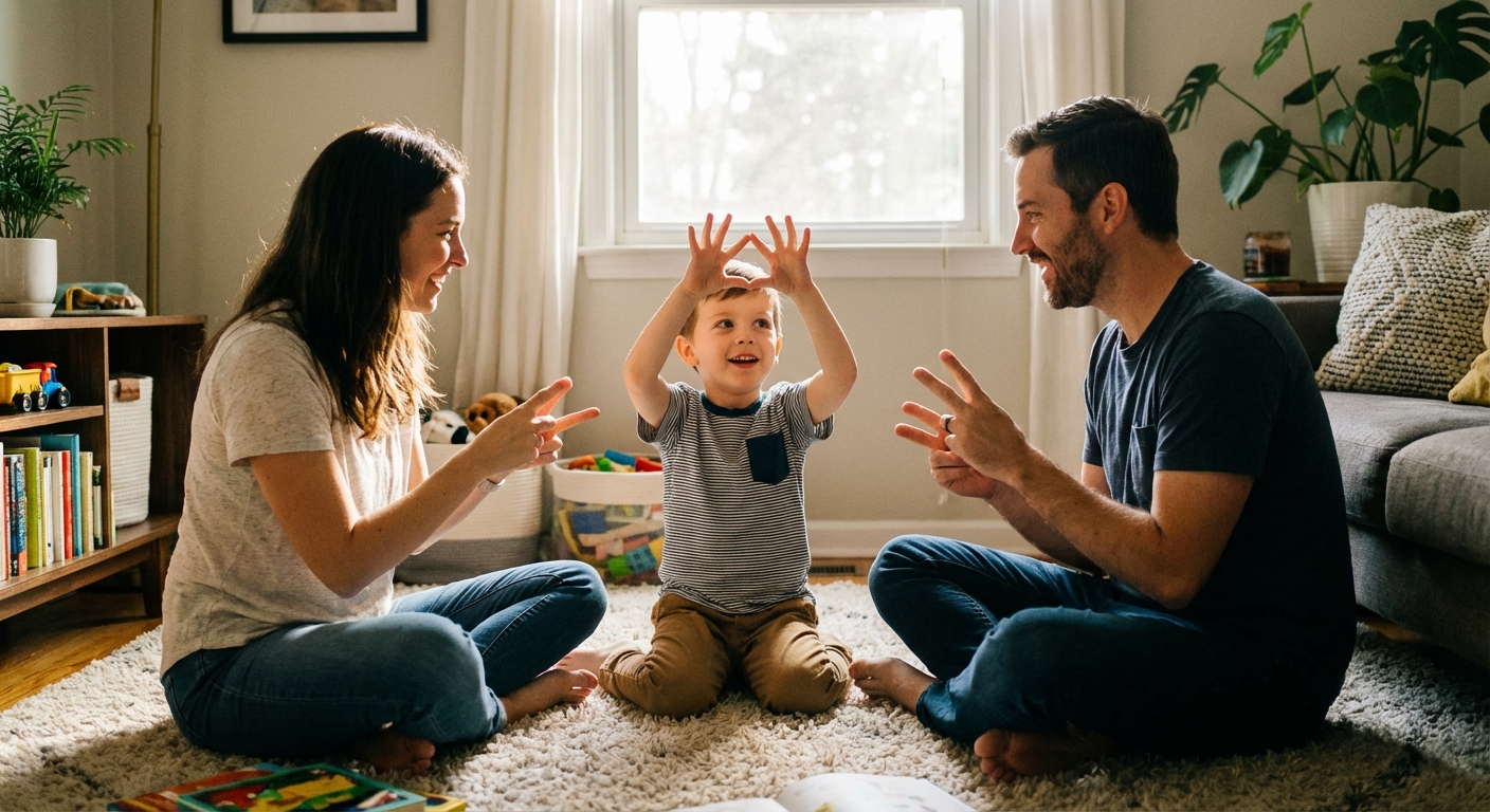 Cả gia đình đang cùng nhau chơi trò chơi Finger Math vui nhộn tại nhà.